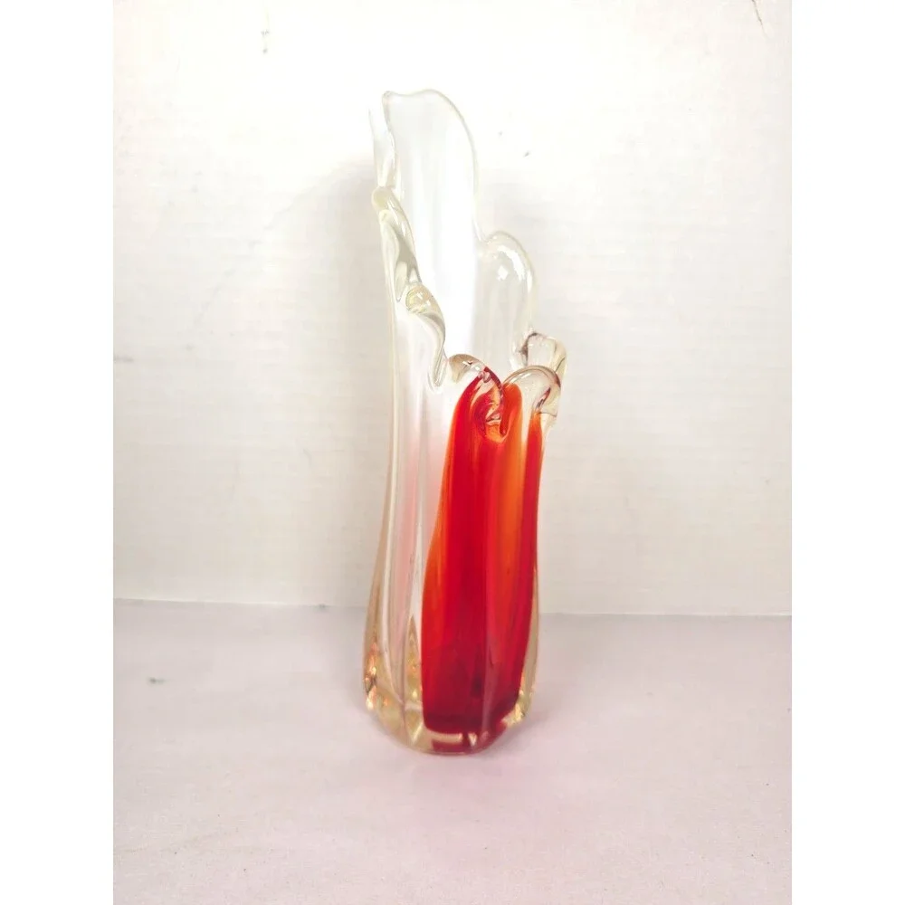 Vintage Murano Style Red Clear White Art Glass Bud Vase 9